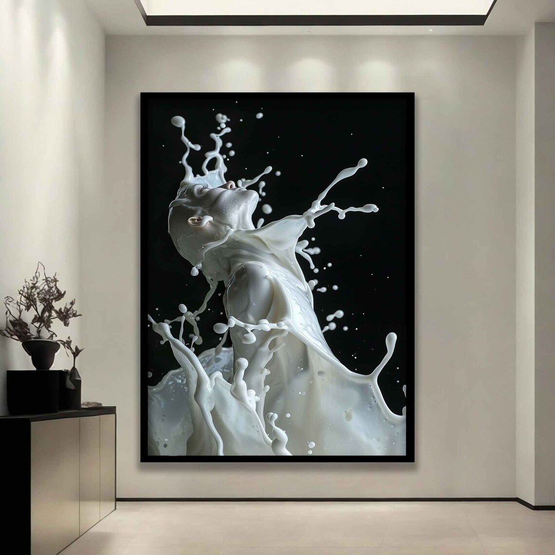 White Milk Splash Woman Silhouette Striking Black Background Art Poster - Image 3
