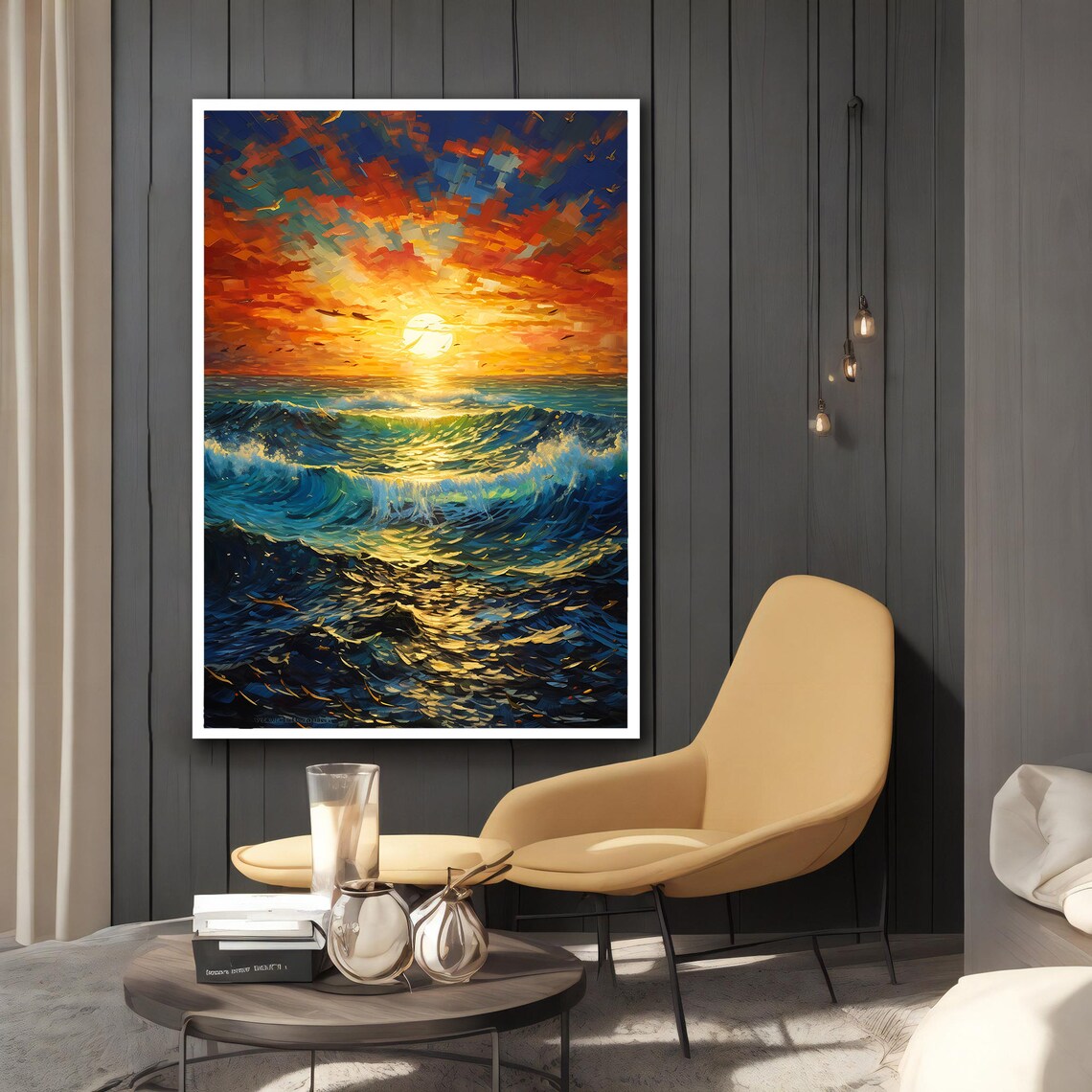 Ocean Sunset Golden Sun Rolling Waves Seascape Oil Painting Poster - Image 2