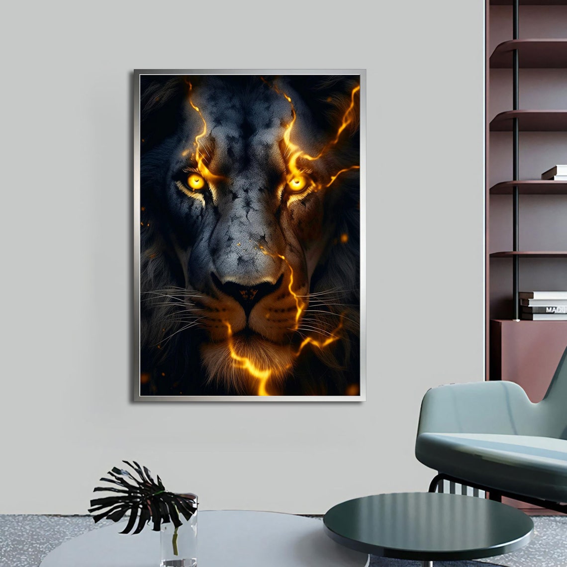 Black Lion Fire Face Golden Lightning Cracks Glowing Eyes Poster - Image 4