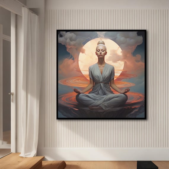 Meditating Woman Sunset Moon Sky Serene Yoga Zen Spiritual Wall Art