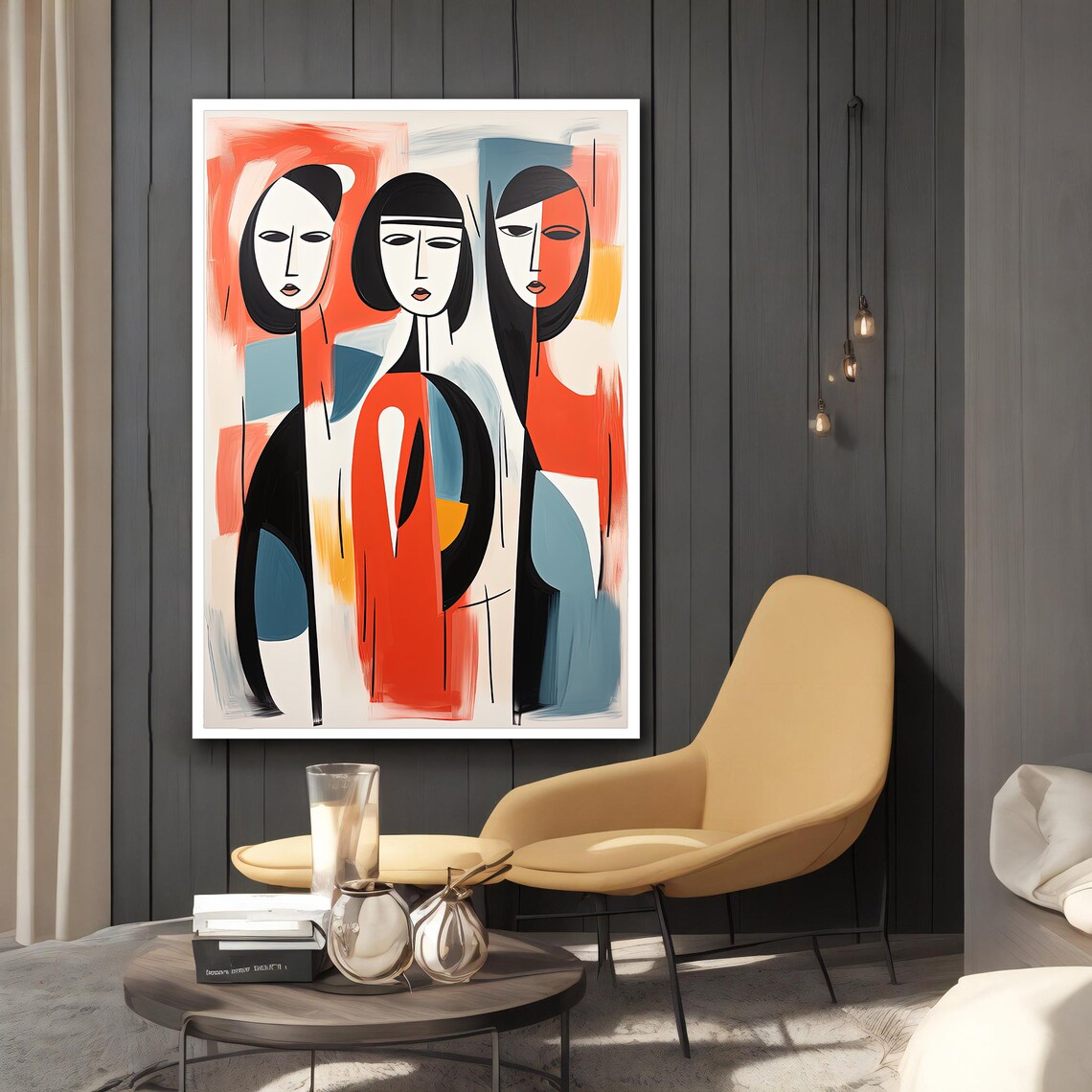 Three Abstract Women Figurative Cubist Painting Red Blue Modern Wall Art Print - Image 2