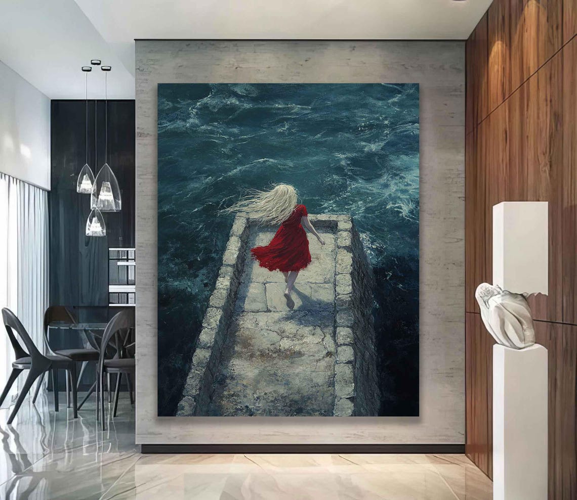 Alone Woman In The Sea Painting Surreal Blonde Girl Poster Seascape Art Girl In Red Dress Print Beautiful Woman Home Decor - Image 2