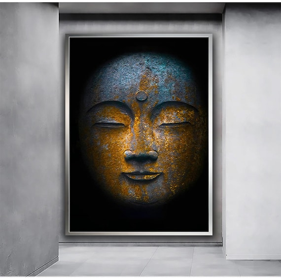 Ancient Bronze Buddha Head Close Up Black Background Zen Wall Art Poster