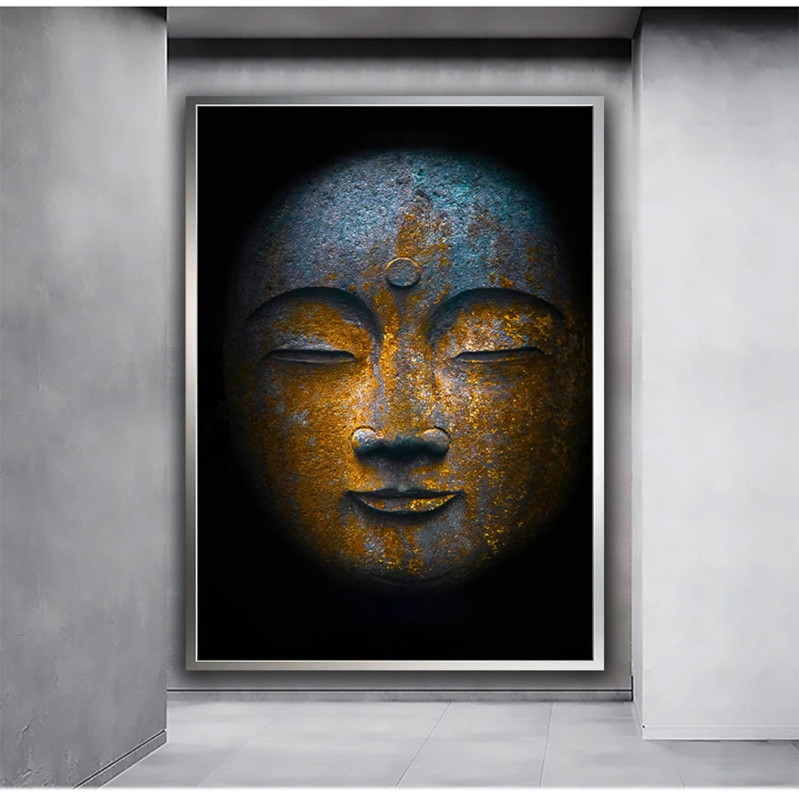 Ancient Bronze Buddha Head Close Up Black Background Zen Wall Art Poster