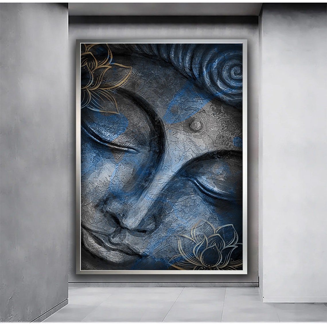 Serene Buddha Face Blue Stone Texture Gold Lotus Zen Meditation Poster