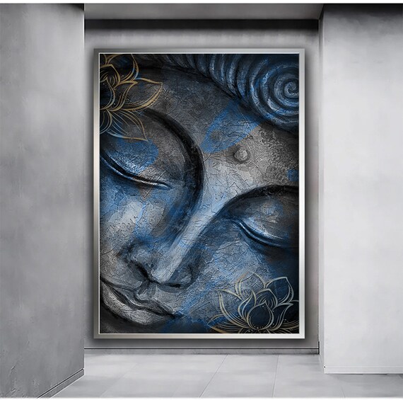 Serene Buddha Face Blue Stone Texture Gold Lotus Zen Meditation Poster