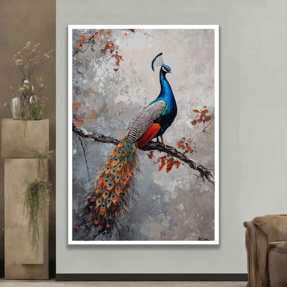 Colorful Peacock Perched On Branch Vibrant Tail Feather Art Poster - Image 2