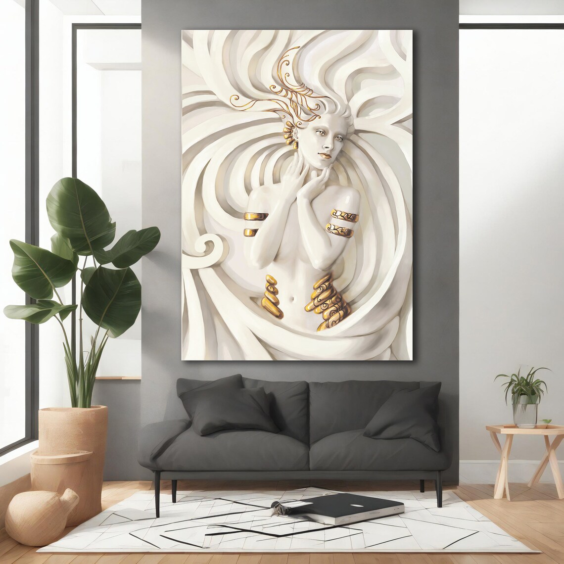 White Marble Goddess Gold Jewelry Elegant Figurative Modern Wall Art Print - Image 2