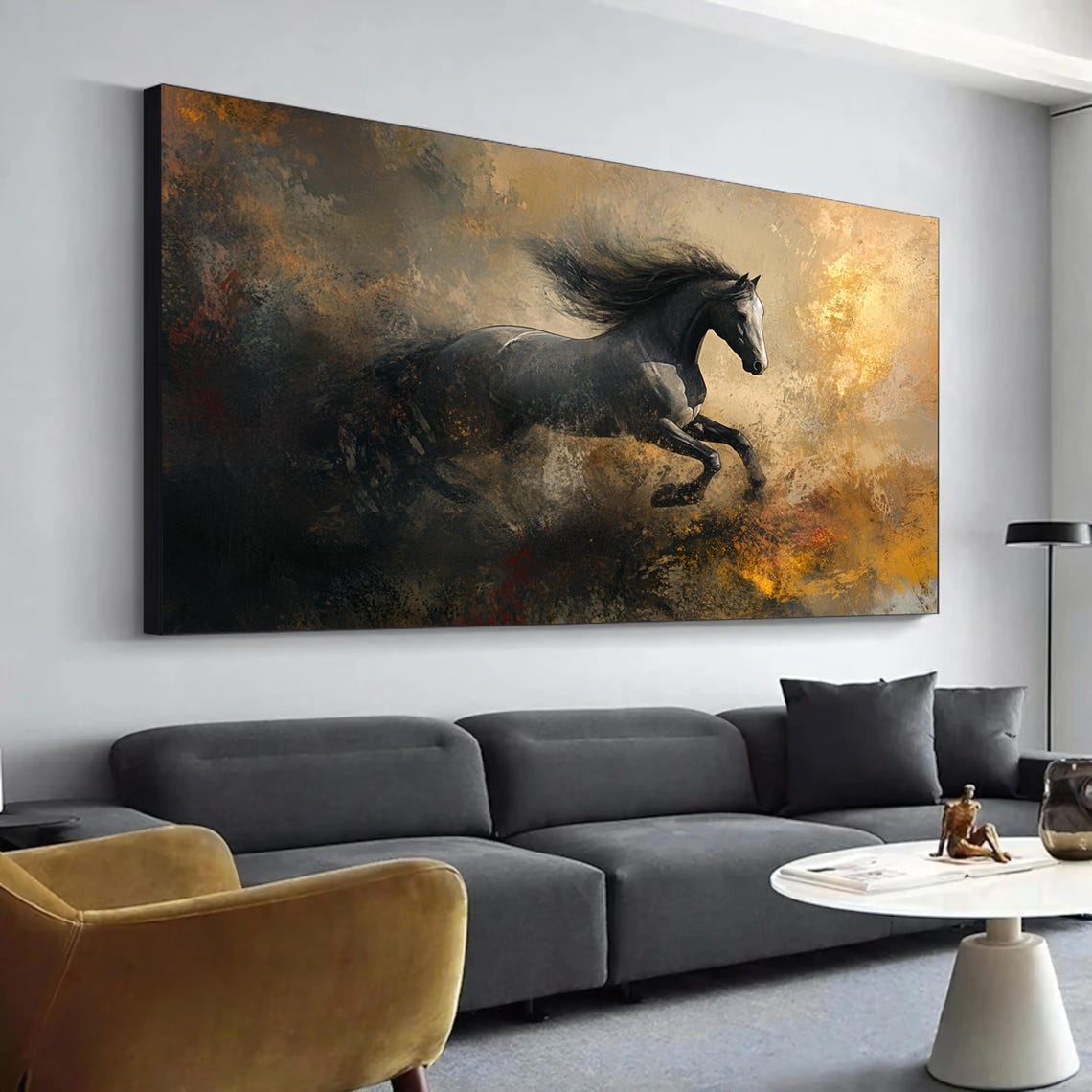 Black Horse Galloping Through Golden Smoke Dramatic Dark Art Poster