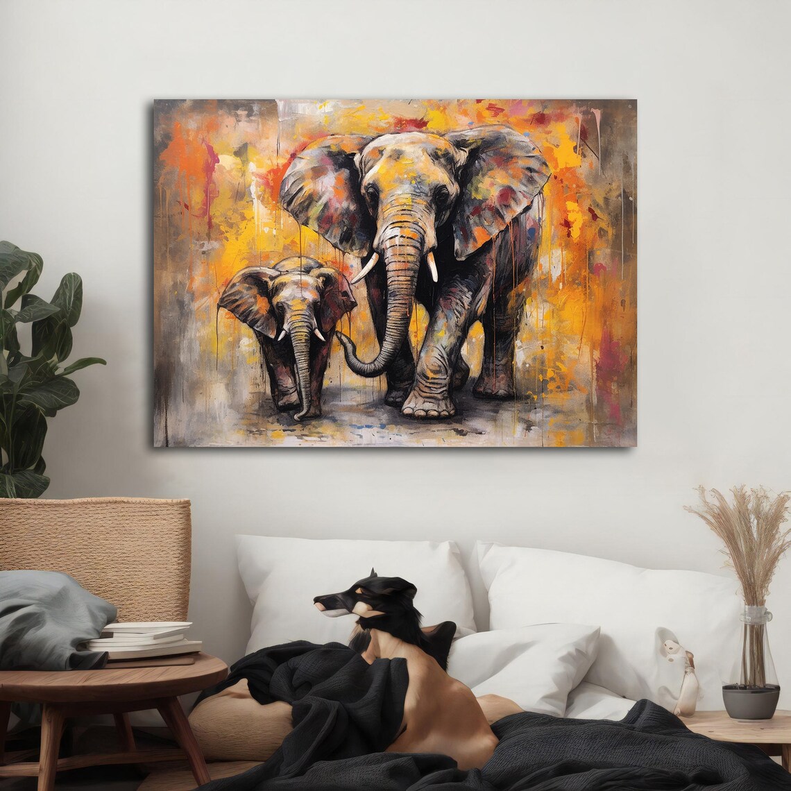 Abstract Elephant Calf Walking Colorful Orange Yellow Oil Painting Poster - Image 3