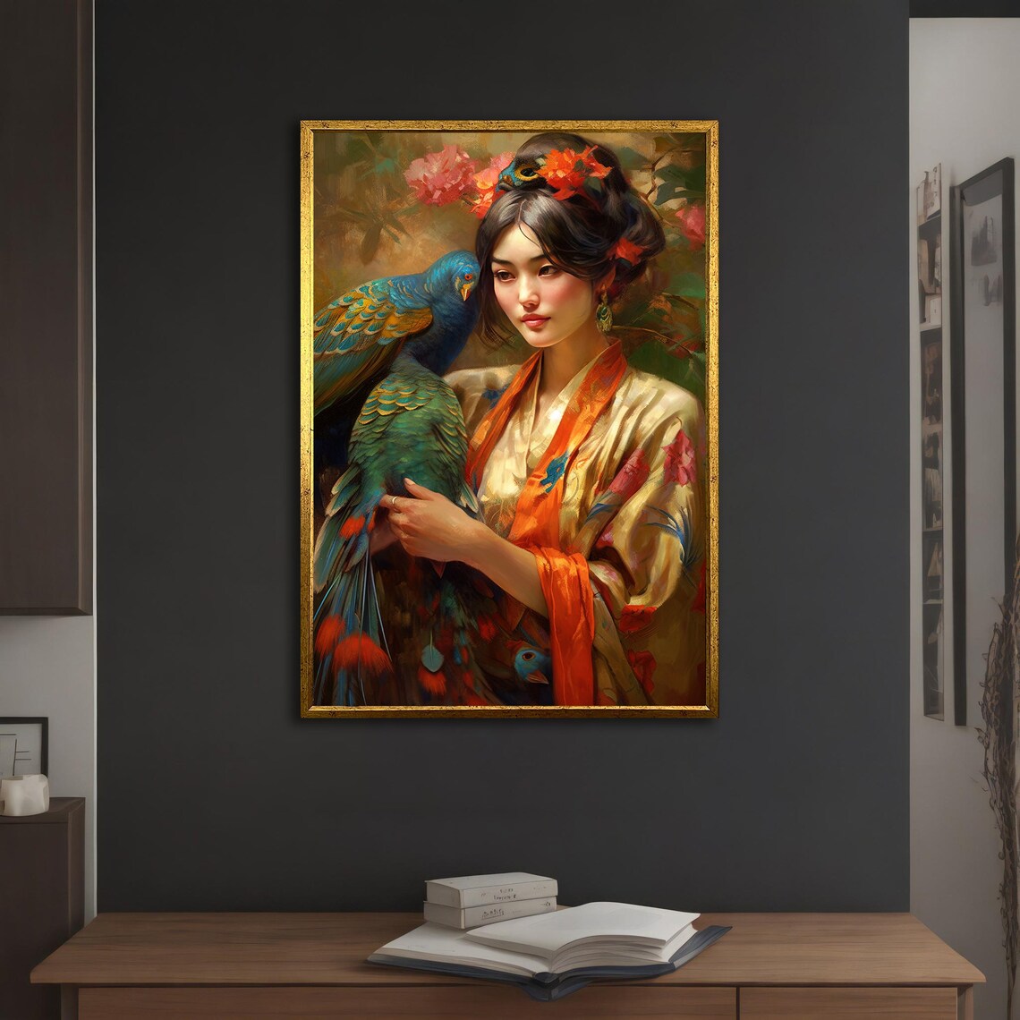 Asian Woman Floral Kimono Parrot Colorful Flowers Traditional Poster - Image 5