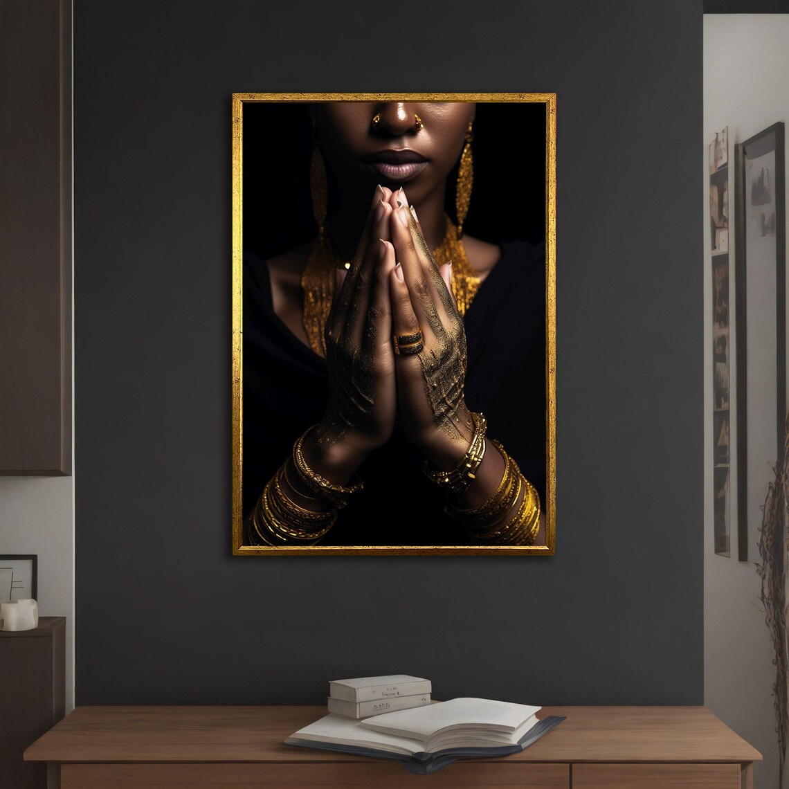 African Woman Gold Jewelry Henna Prayer Hands Elegant Portrait Poster - Image 3