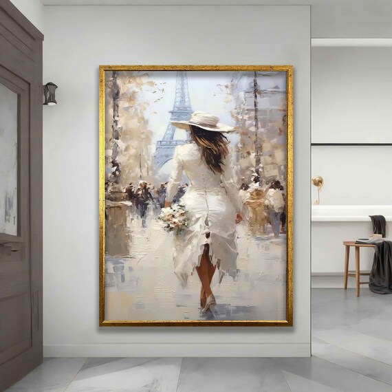 Woman White Dress Walking Paris Street Eiffel Tower View Painting Poster