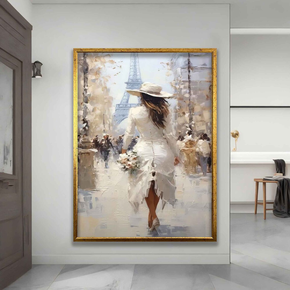 Woman White Dress Walking Paris Street Eiffel Tower View Painting Poster