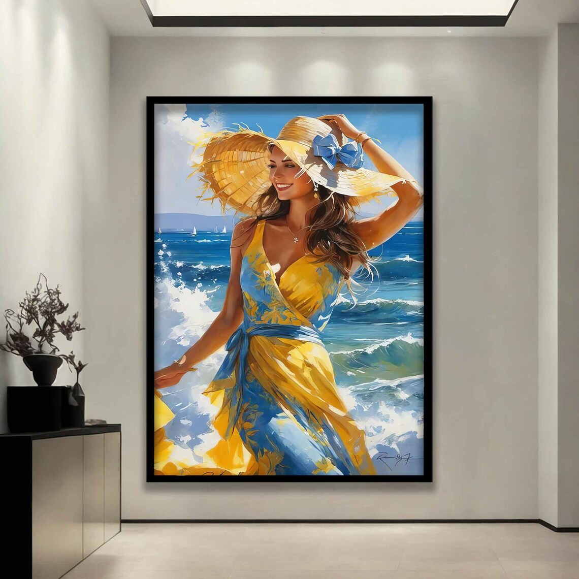 Happy Woman in Yellow Dress Straw Hat Sunny Beach Day Art Poster - Image 3