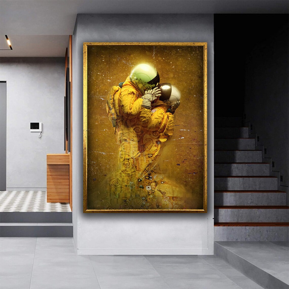 Astronauts Kissing Klimt Style Gold Space Lovers Embrace Wall Art Poster - Image 4