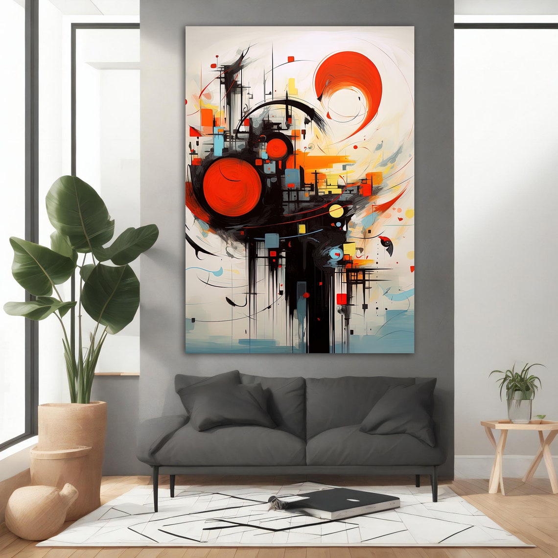 Abstract Black Line Art Red Circles Modern Urban Sketch Wall Art - Image 5
