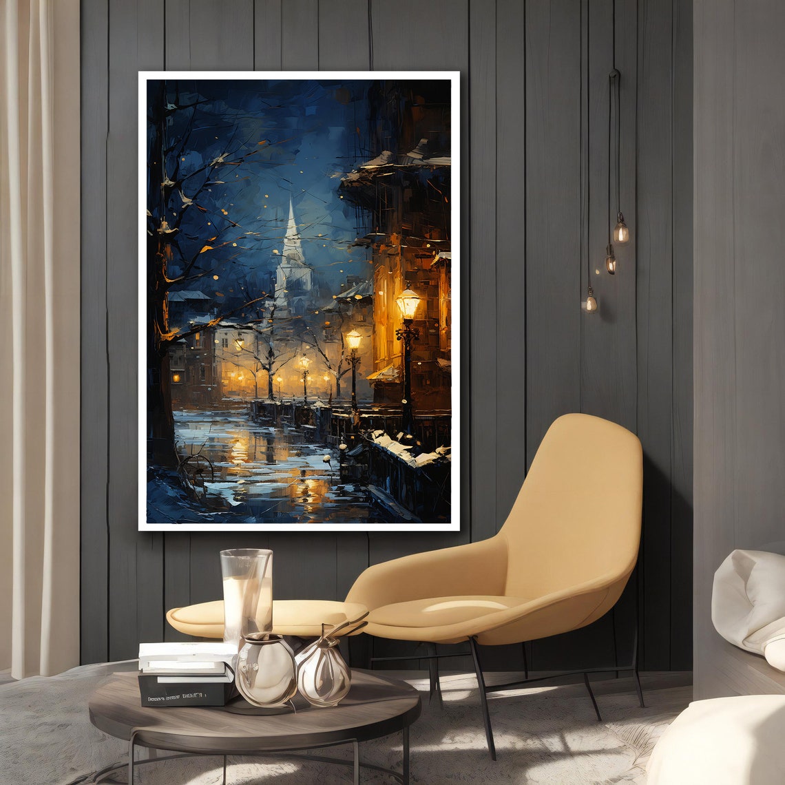 Winter Night Old Town Church Spire Lamp Glow Snowy Street Art Poster - Image 2