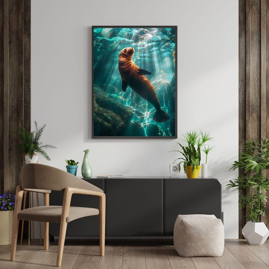 Sea Lion Swimming In Sunlit Ocean Water Wildlife Photo Wall Art