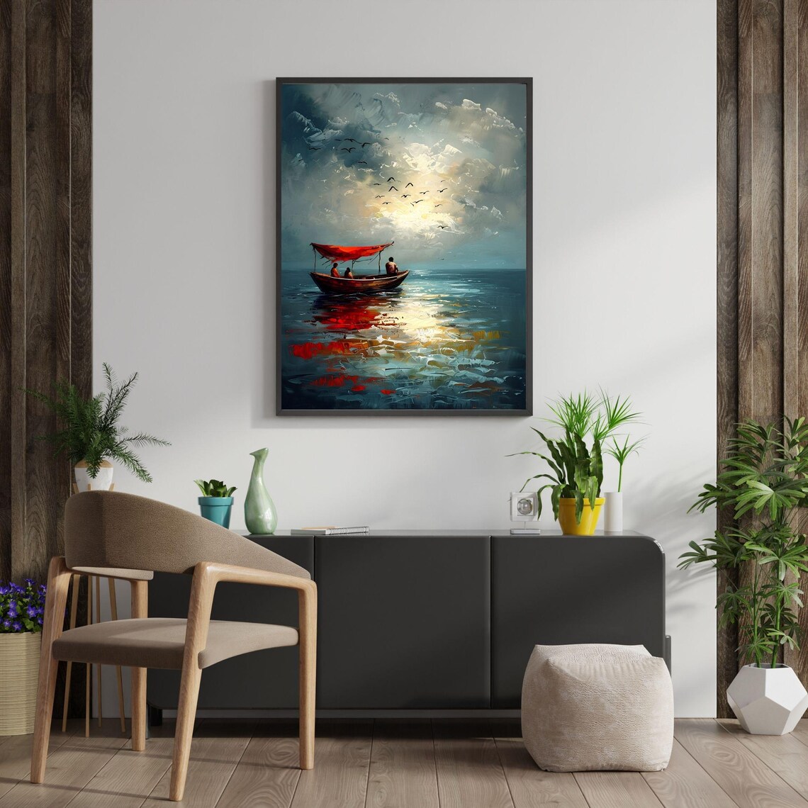 Red Sailboat Sunset Painting Moody Ocean Seascape Birds Poster