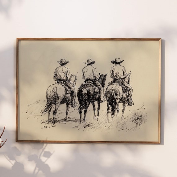 Cowboys And Horses Sketch Print, Vintage Western Decor
