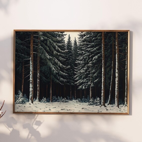 Vintage Winter Pine Forest Rustic Snowy Landscape Dark Cabin Wall Poster