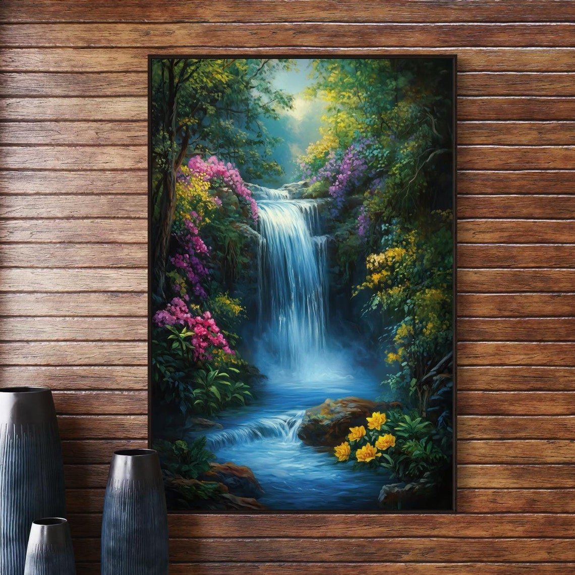 Mystical Waterfall Lush Forest Blossoms Zen Cottagecore Nature Print