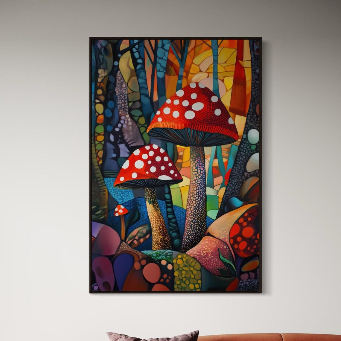 Red Mushroom Enchanted Forest Colorful Mosaic Magical Nature Wall Art