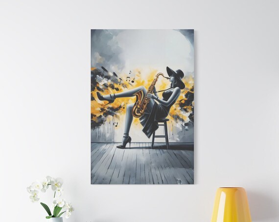 Jazz Saxophone Woman Black White Gold Splatter Music Wall Poster