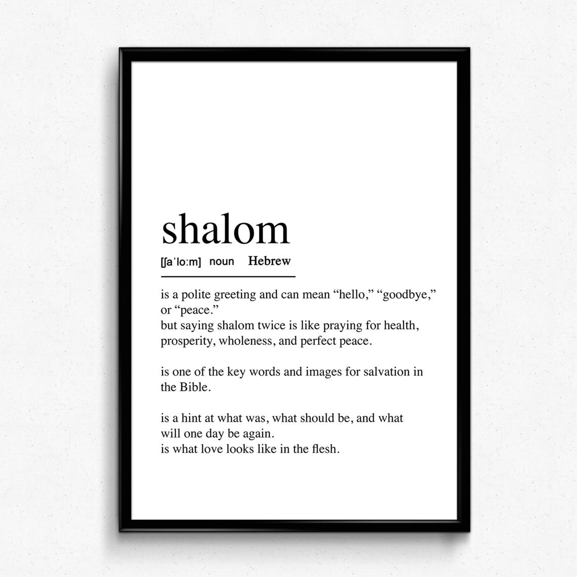 Shalom Hebrew Definition Poster Minimalist Typography Wall Decor