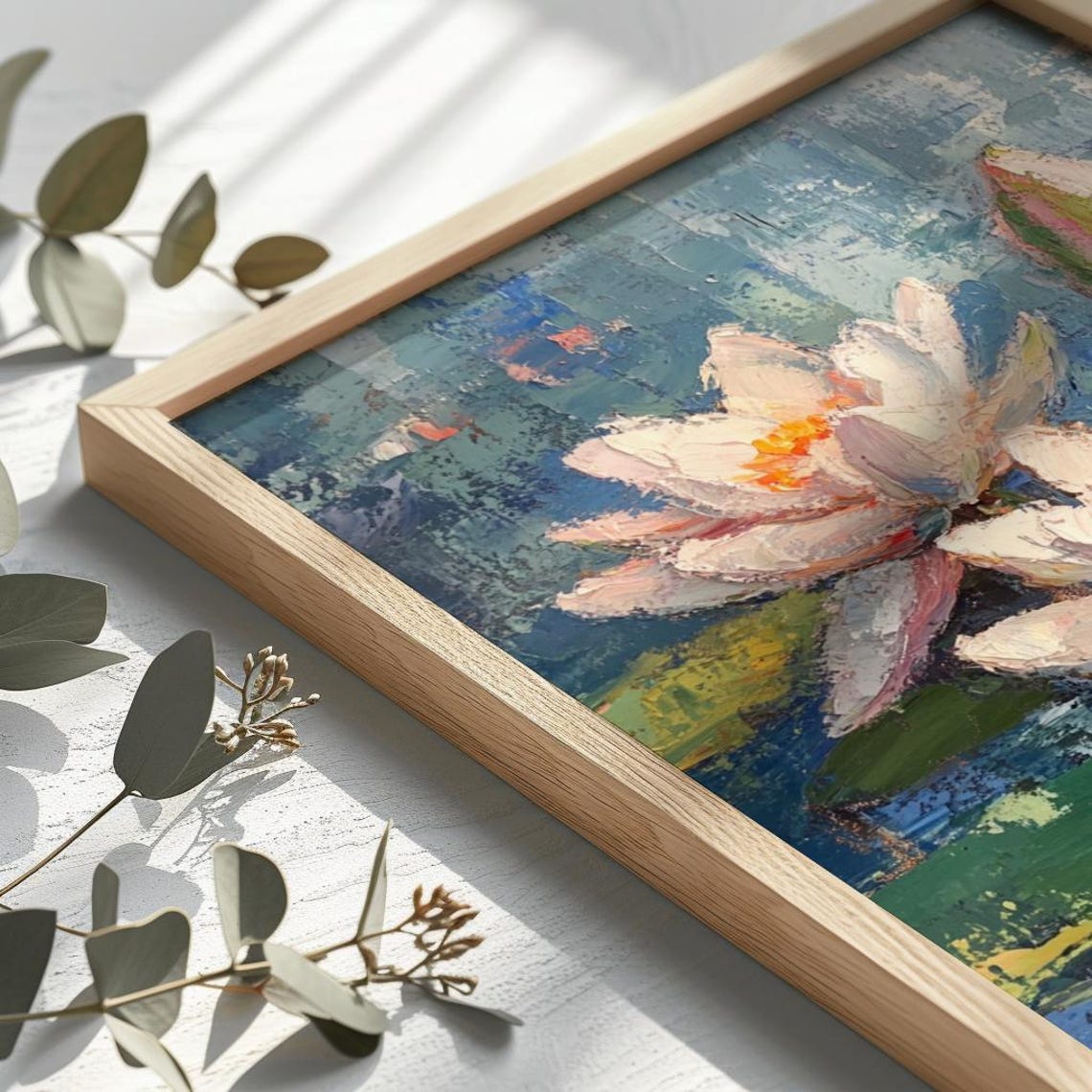 Impressionist Water Lilies Pond Impasto Oil Blue Floral Poster - Image 2