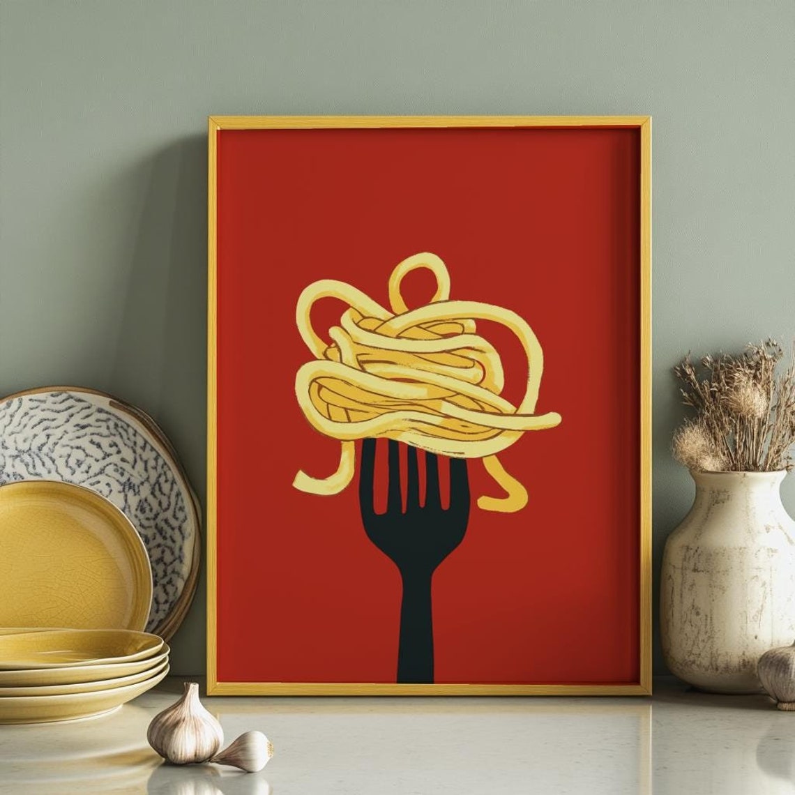 Spaghetti Twirl On Black Fork Modern Bold Red Kitchen Poster