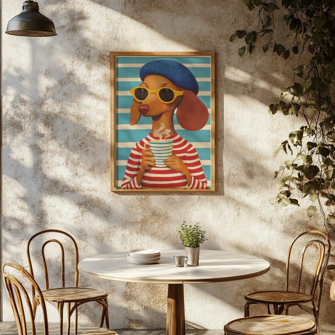 Dachshund Dog In Sunglasses And Beret Holding Coffee Cup Funny Poster - Image 2