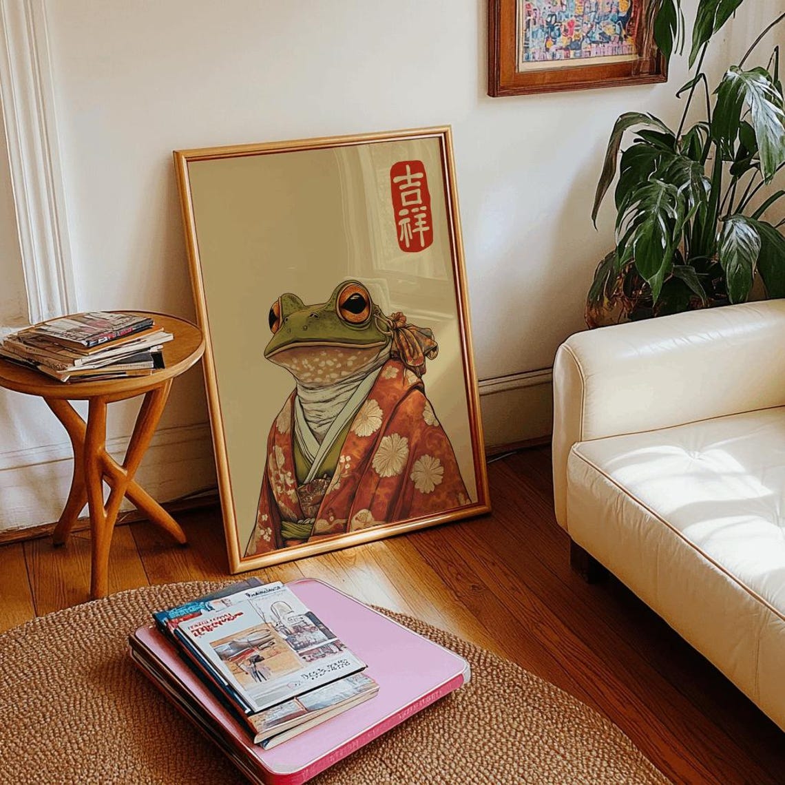 Japanese Frog in Kimono Vintage Woodblock Style Animal Wall Art - Image 4