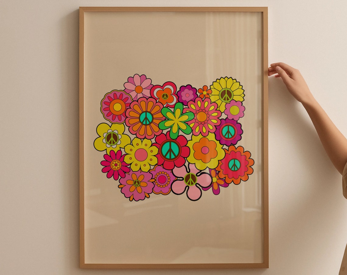 Colorful Peace Flower Power Bouquet Groovy Hippie Floral Art Poster - Image 4