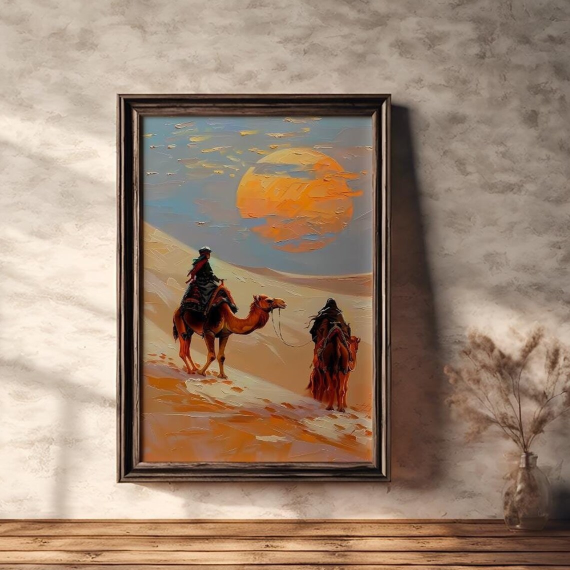 Desert Caravan Camels Crossing Dunes at Sunset Sahara Poster