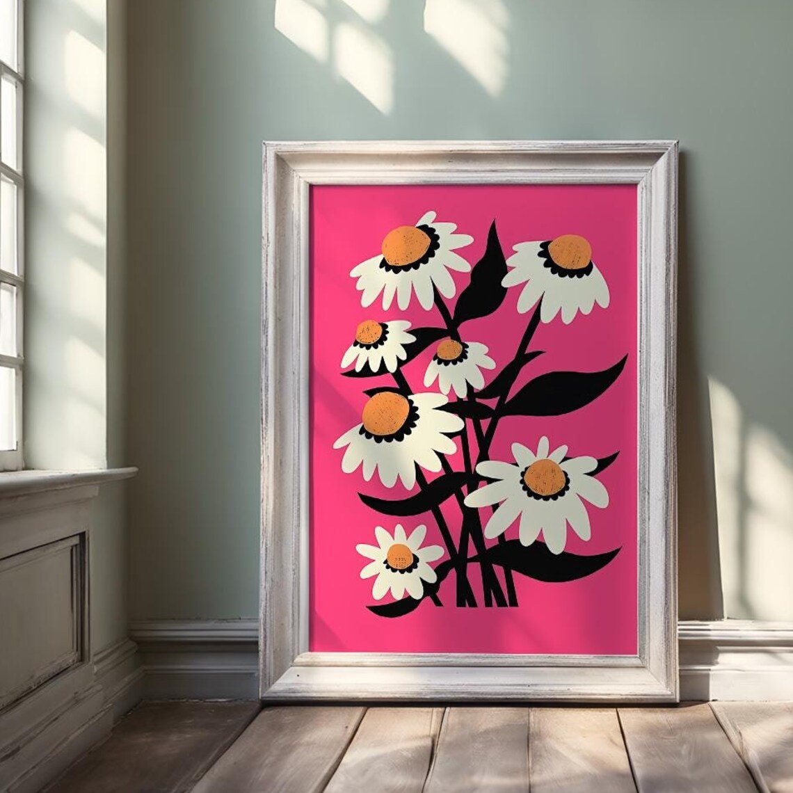 Retro Cream Daisies on Magenta Pink Background Vintage Poster - Image 3
