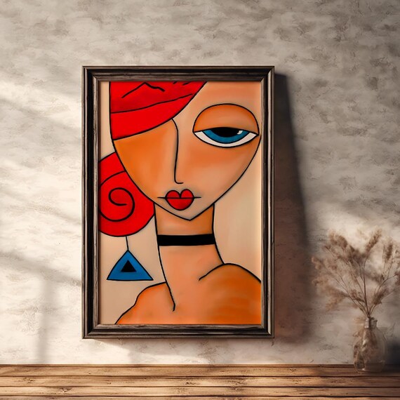 Stylized Red-Haired Woman Cubist Portrait Modern Pop Art Poster