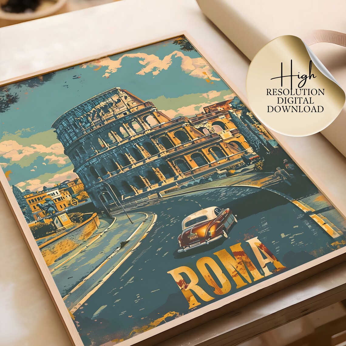 Roma Italy Colosseum Vintage Car Retro Travel Poster Nostalgic Art