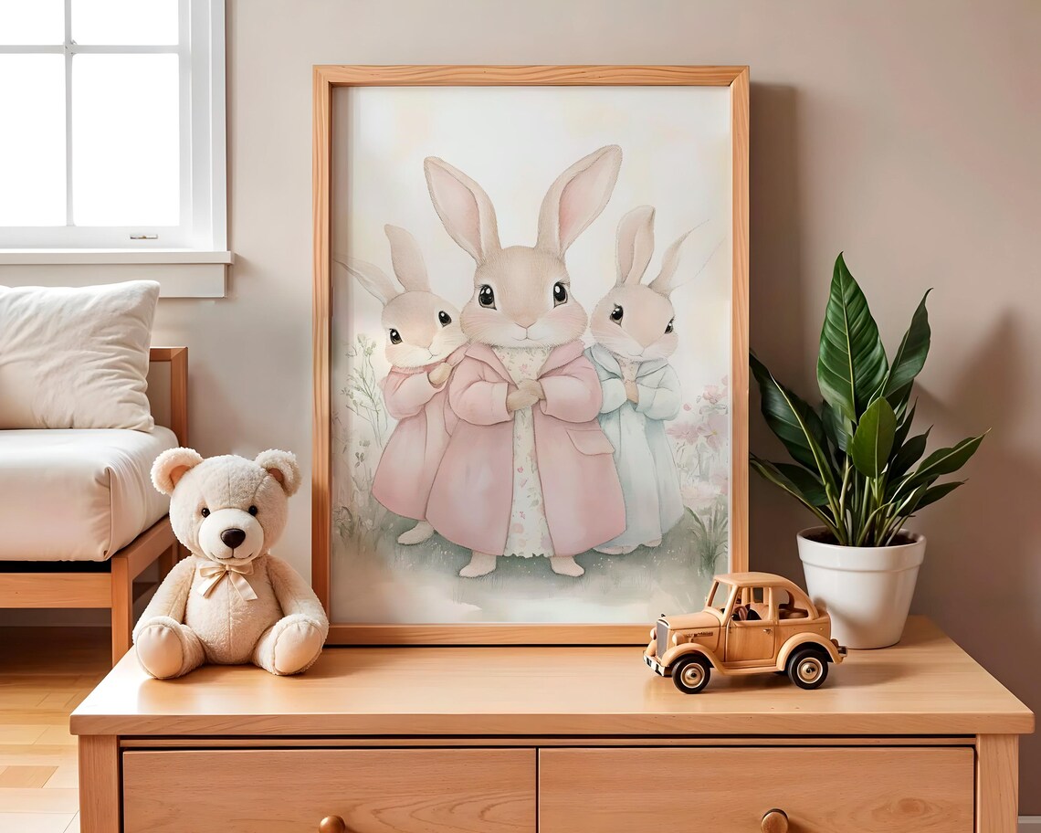 Three Cute Bunnies Pink Coats Watercolor Nursery Room Art Poster - Image 2