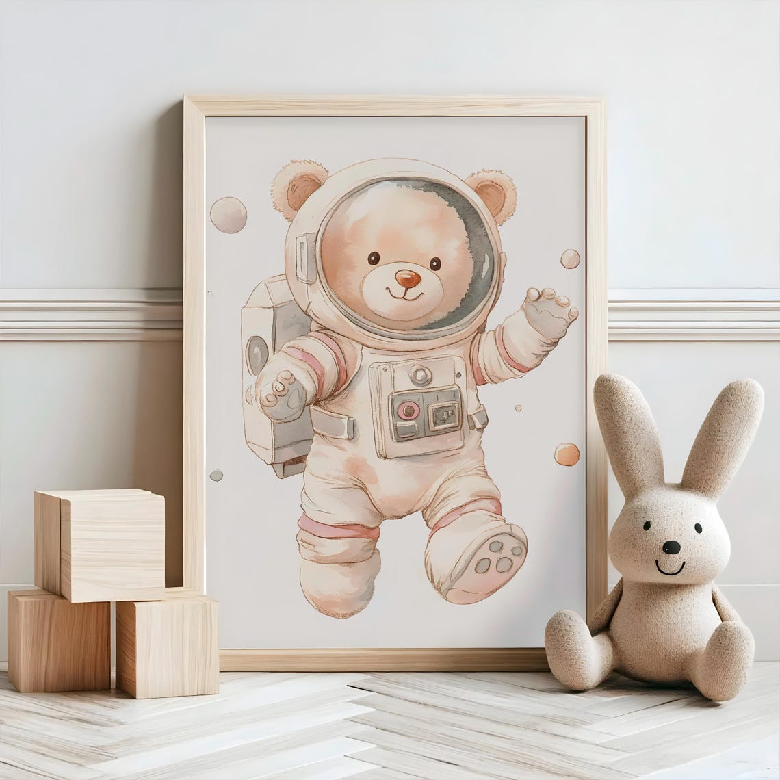 Cute Teddy Bear Astronaut Floating in Space Watercolor Nursery Poster - Image 2