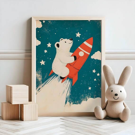 Polar Bear Riding Red Rocket Space Adventure Nursery Kids Poster