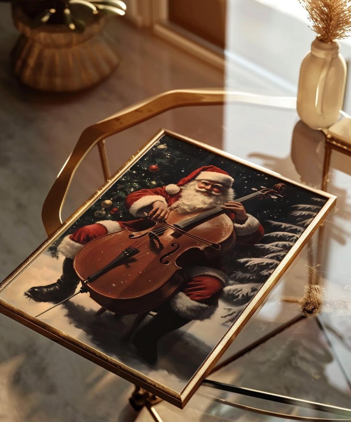 Santa Claus Playing Cello Snowy Night Vintage Christmas Poster - Image 2