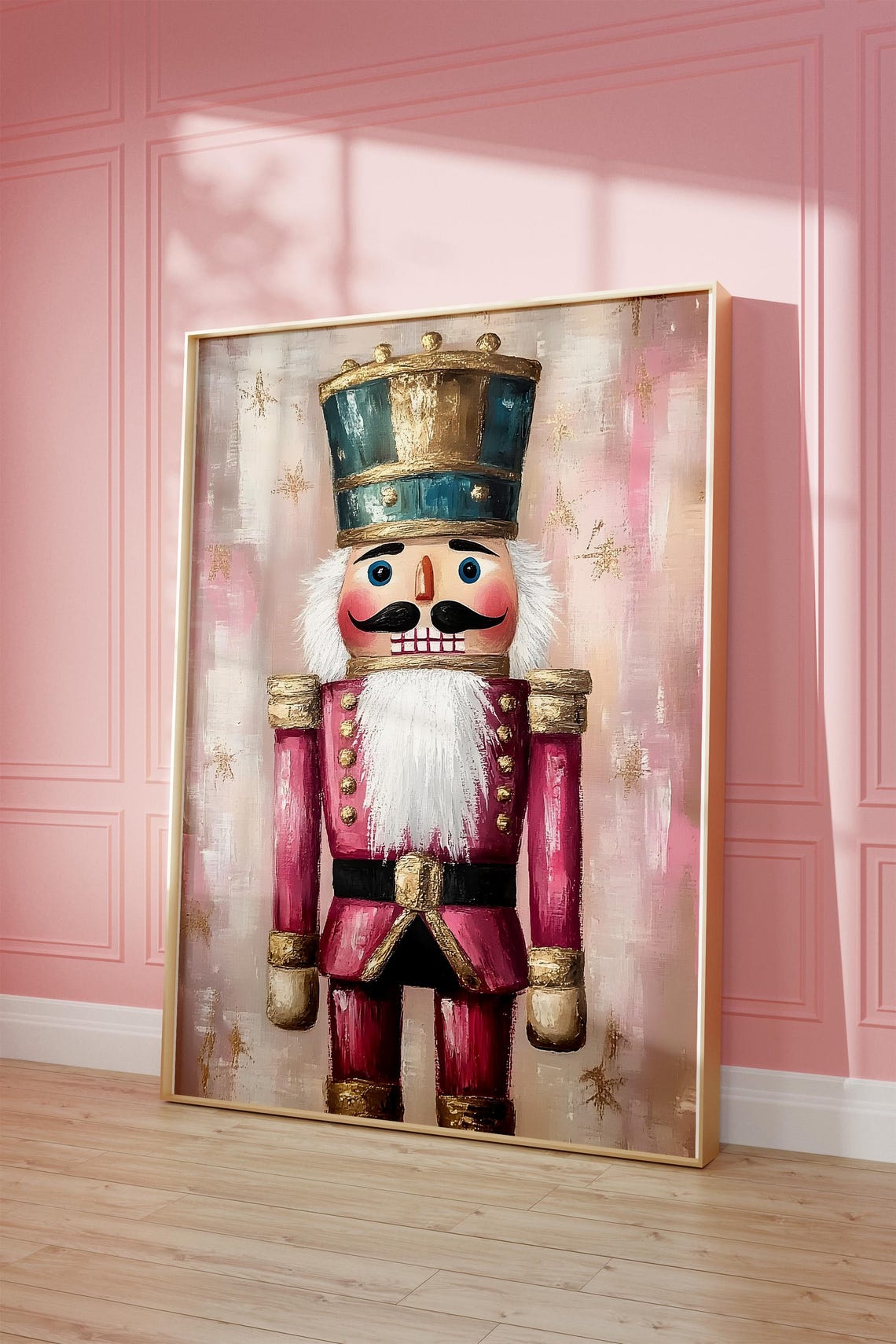 Nutcracker Soldier Pink Vintage Christmas Painted Retro Wall Art - Image 3