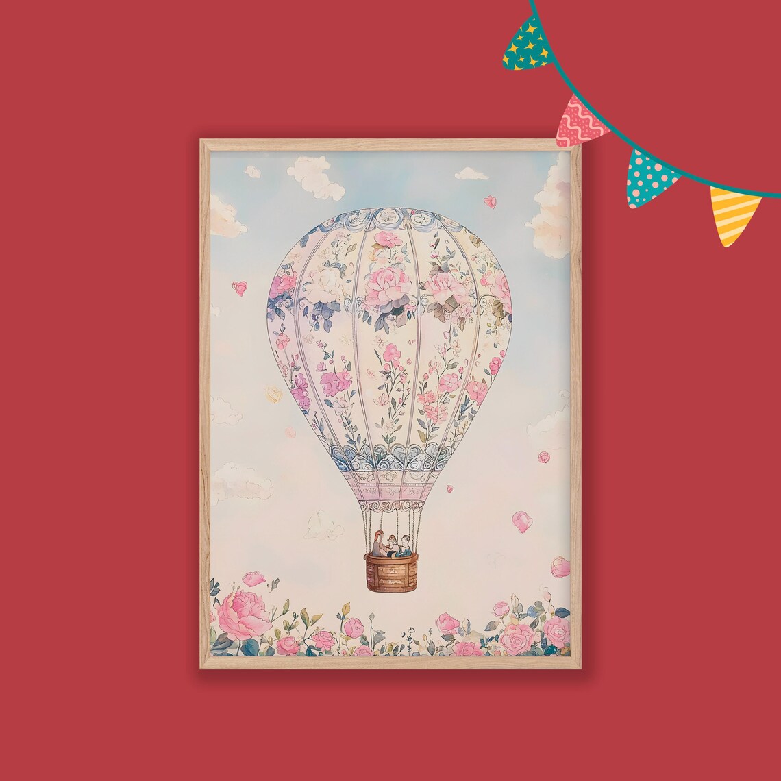 Vintage Floral Hot Air Balloon with Pink Roses Sky Nursery Poster