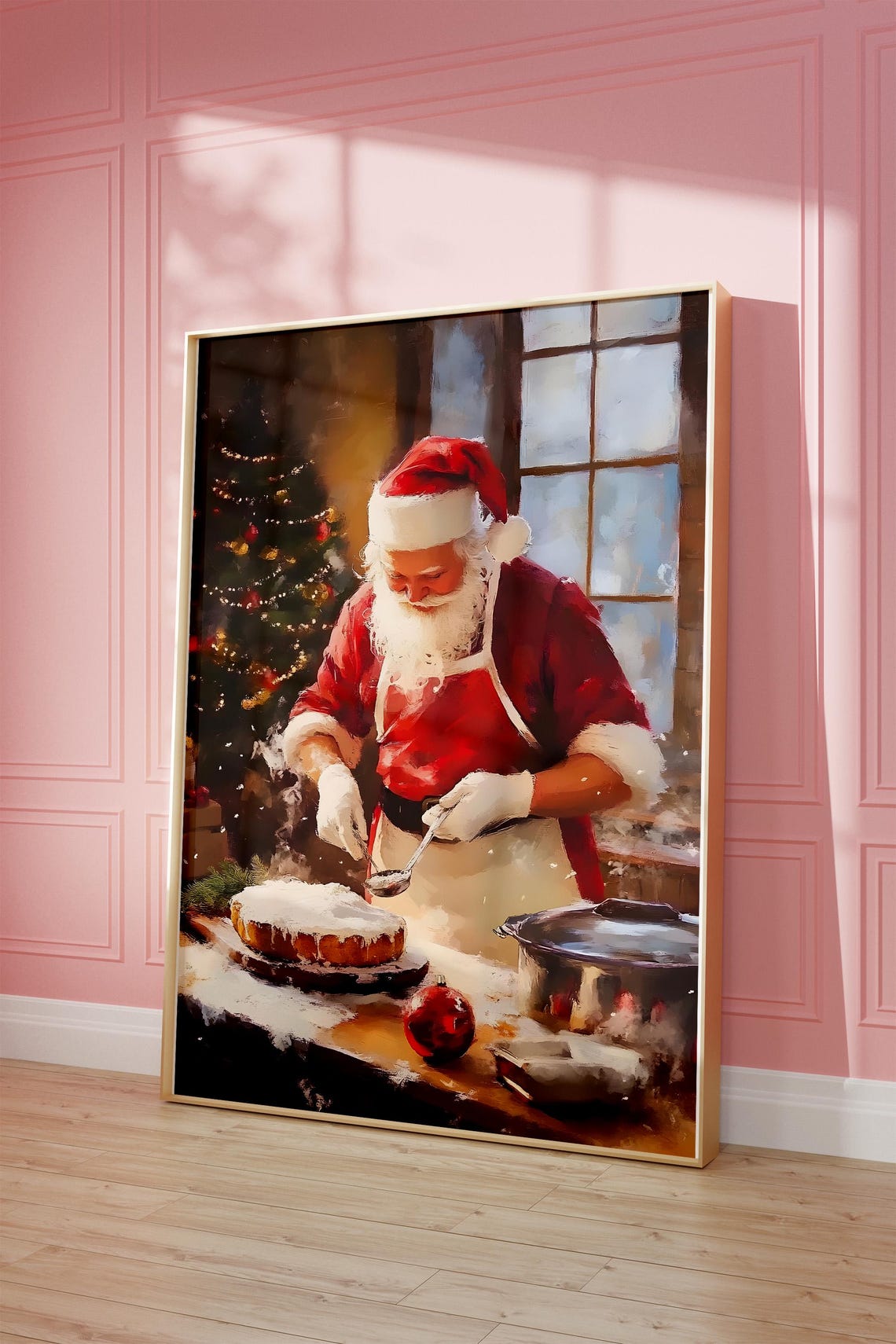 Santa Claus Baking Christmas Cake Vintage Holiday Kitchen Art Poster - Image 3