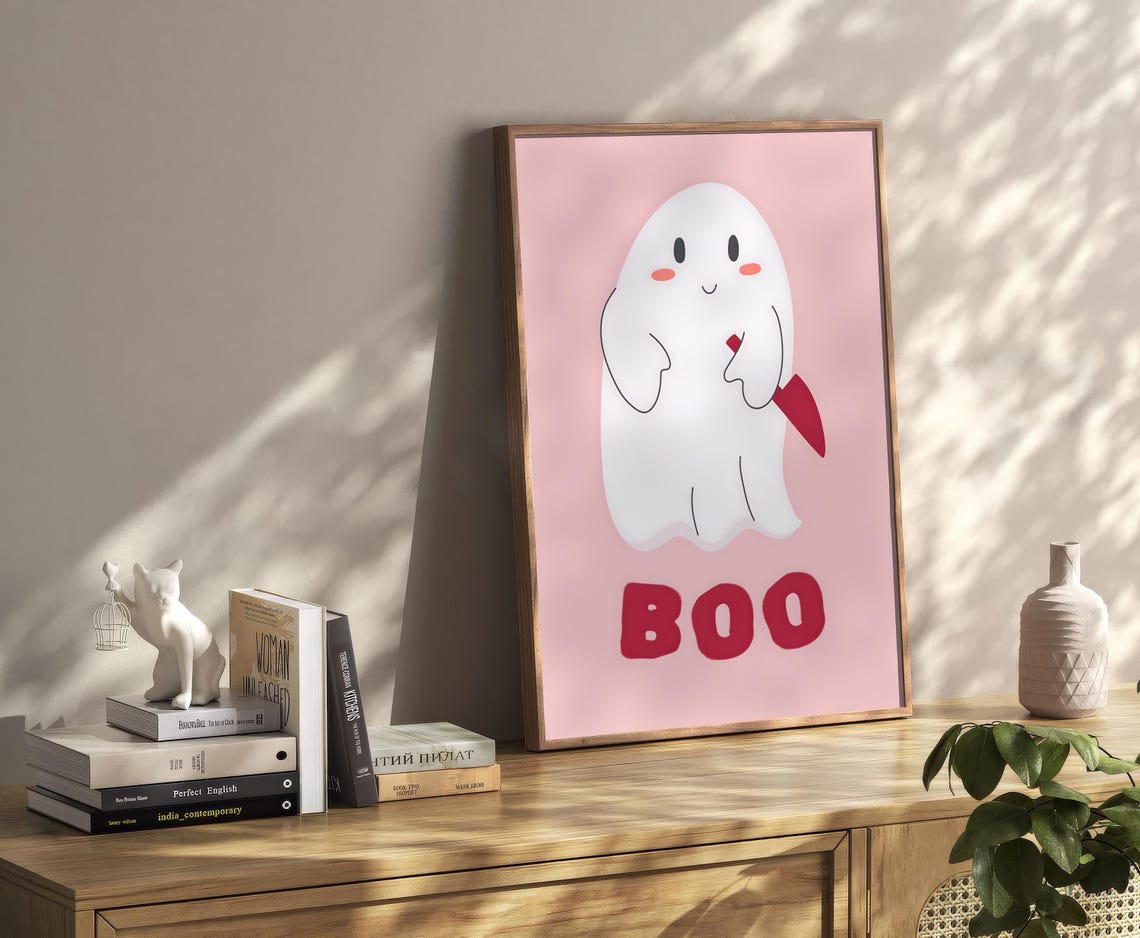 Cute Blushing Ghost Holding Red Knife Funny Boo Halloween Poster