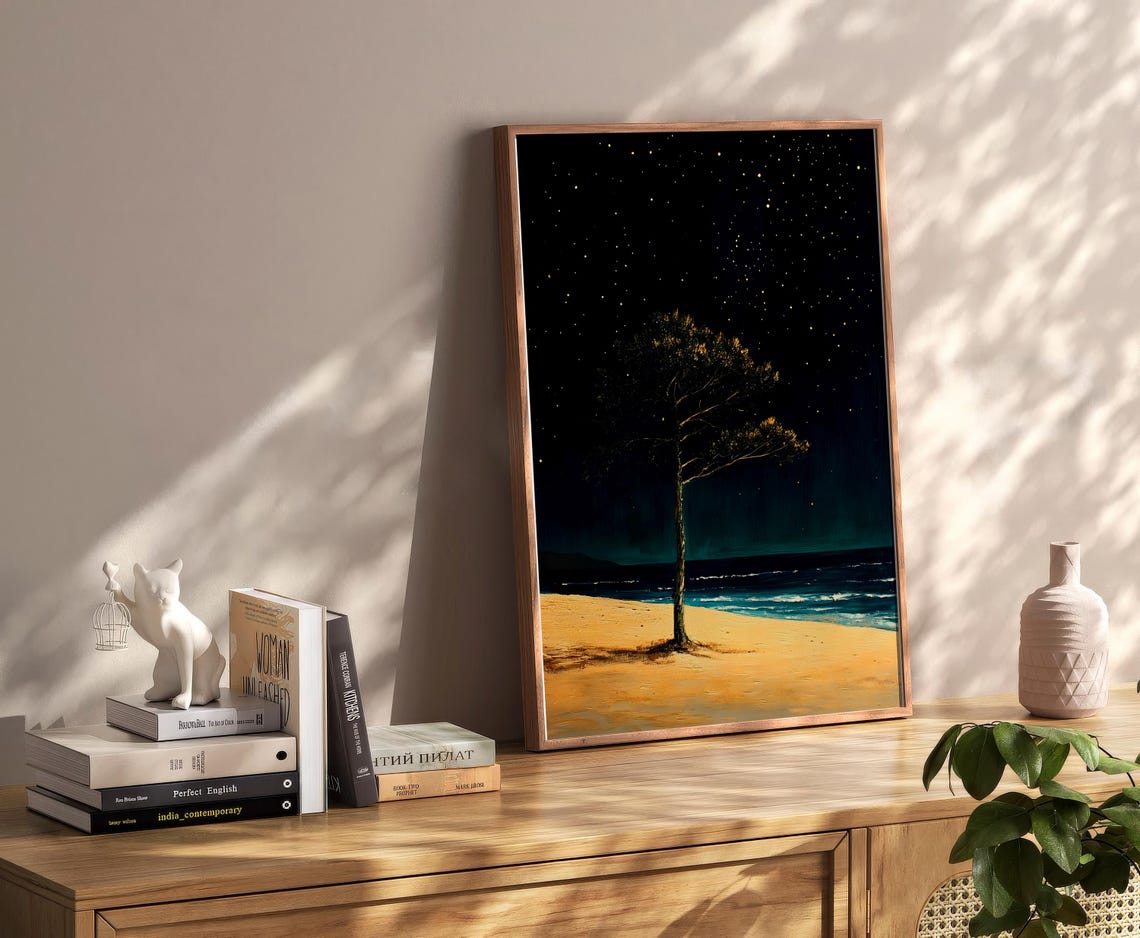Starry Night Beach Lone Tree Under Moonlit Ocean Sky Romantic Poster - Image 2
