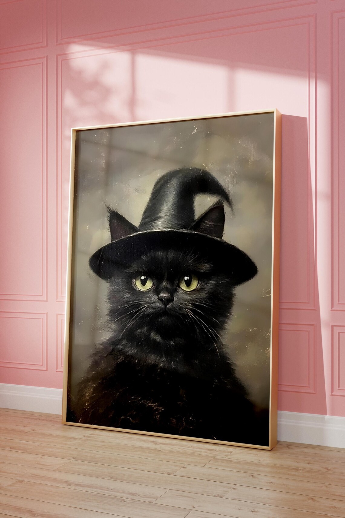Black Cat Wearing Witch Hat Vintage Oil Painting Halloween Poster - Image 4