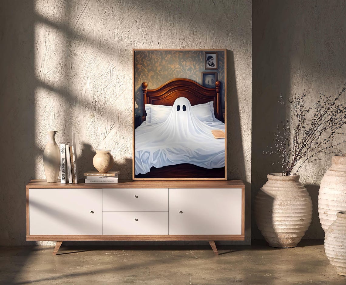 Cute Ghost in Bed Dark Academia Halloween Spooky Room Poster - Image 2